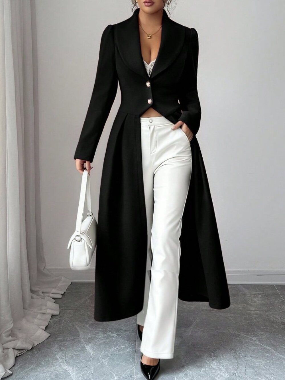 Black Elegant Women's Cinched Waist Front Slit Maxi A-Line Coat